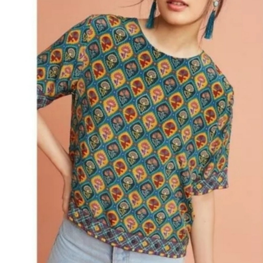 TANVI KEDIA Anthropologie 100% Silk Beaded Brenna Top Short Sleeve Shirt Blouse